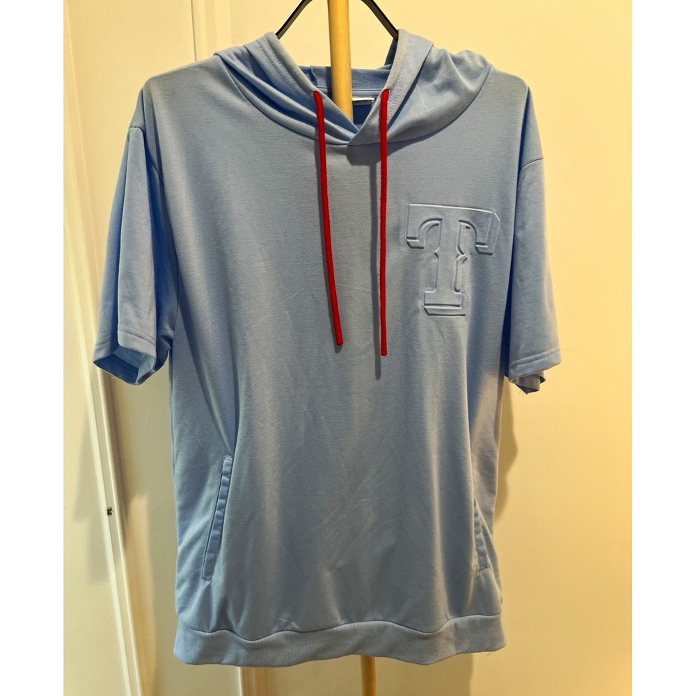 Texas Rangers Short Sleeve Hoodie Adult XL Powder Blue Red Drawstrings MLB